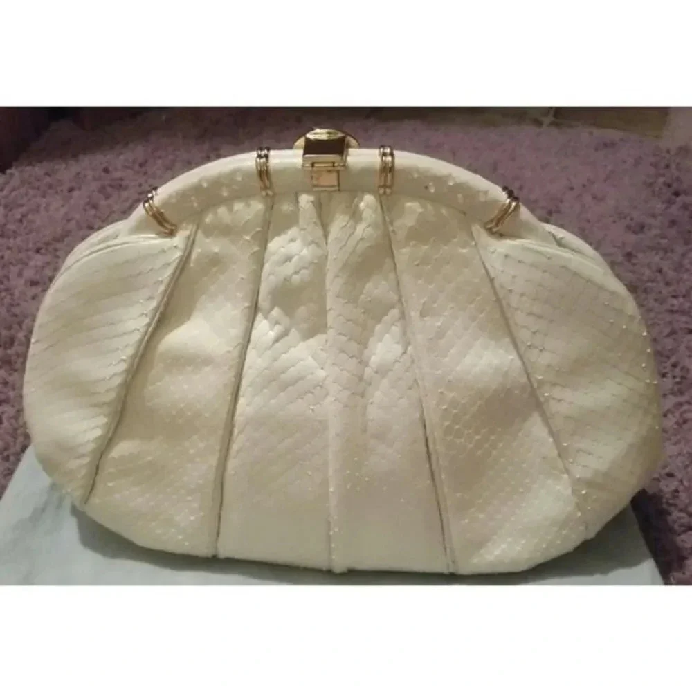 VTG Judith Leiber Snakeskin White Handbag with Pink Agate Grannycore Orig Box